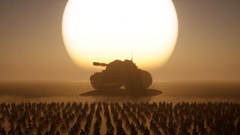 a-huge-tank-on-a-desert,-arid-environment,-with-crowd-standing-idle-on-sunset-with-dark-shadows,-3D-animation,-3D-scene,-dystopian-theme,-camera-zoom-out