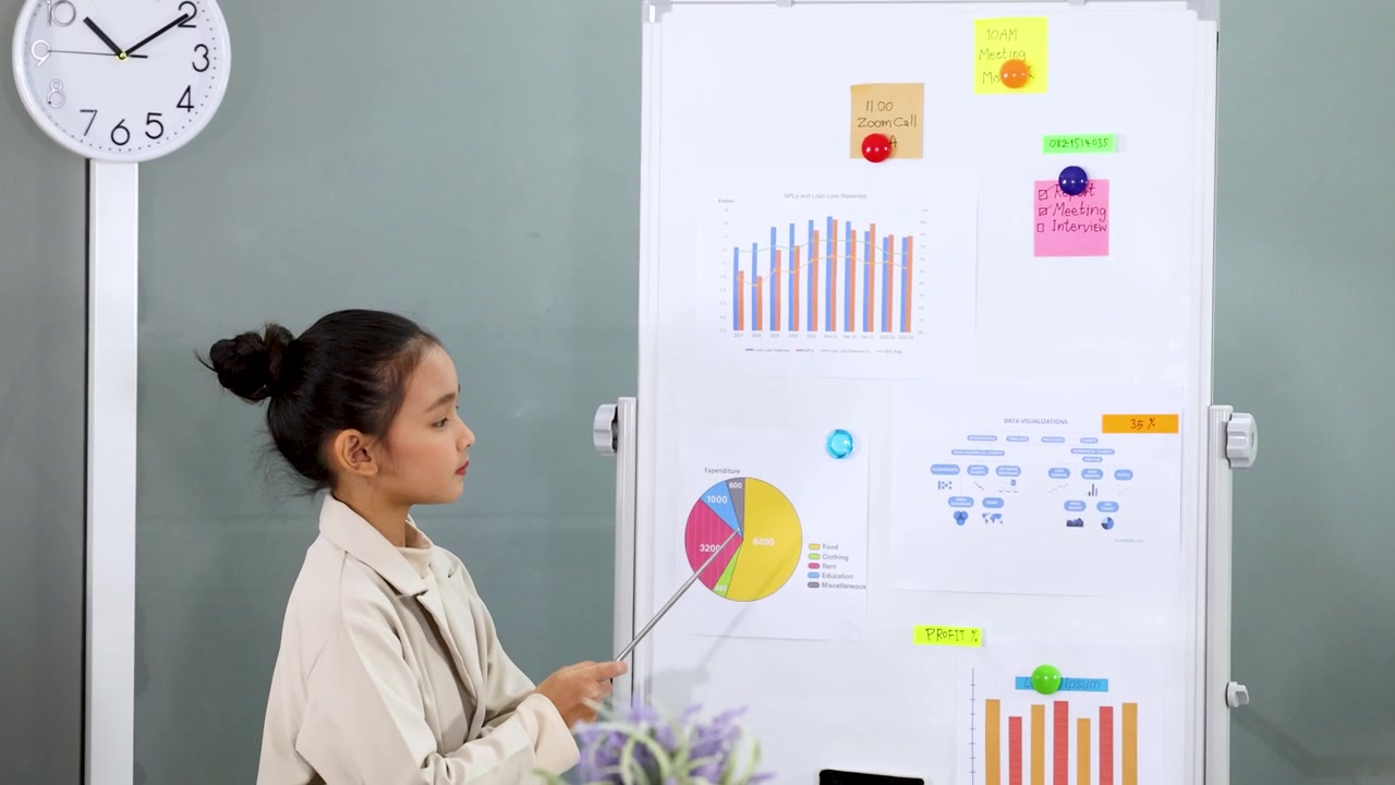 Young Girl Presenting Business Data on Whiteboard in Office