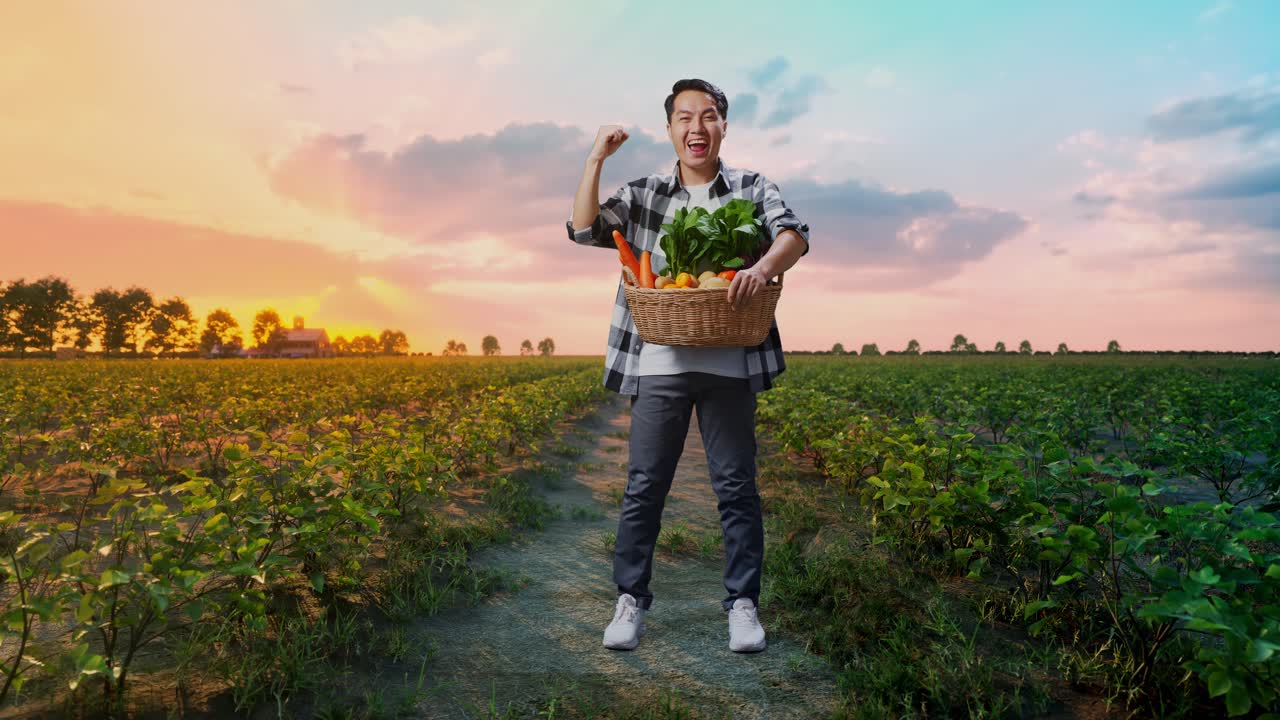 에 서서 축하하는 채소 바구니와 함께 행복한 아시아 남성 농부의 몸