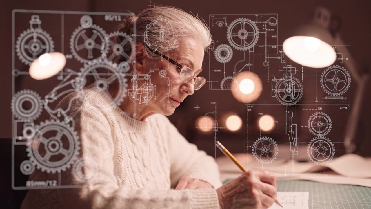 Un'anziana donna profondamente concentrata sullo schizzo di disegni complessi, circondata da un'illuminazione calda che evidenzia il suo spazio di lavoro creativo e disegni ingegneristici dettagliati.