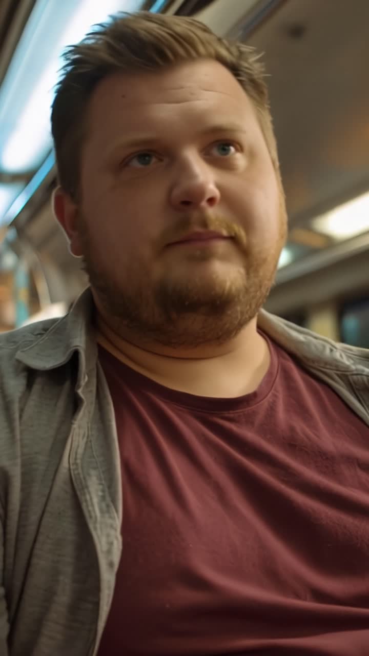 En man sitter tyst, tankfull, i en kollektivtrafikvagn. Han bär en röd t-shirt, grå jacka, och ser avslappnad ut. Hans ansikte visar lugn, kanske lite trött eller tankspridd. Ljus strålar från ovan, varmt och mjukt.