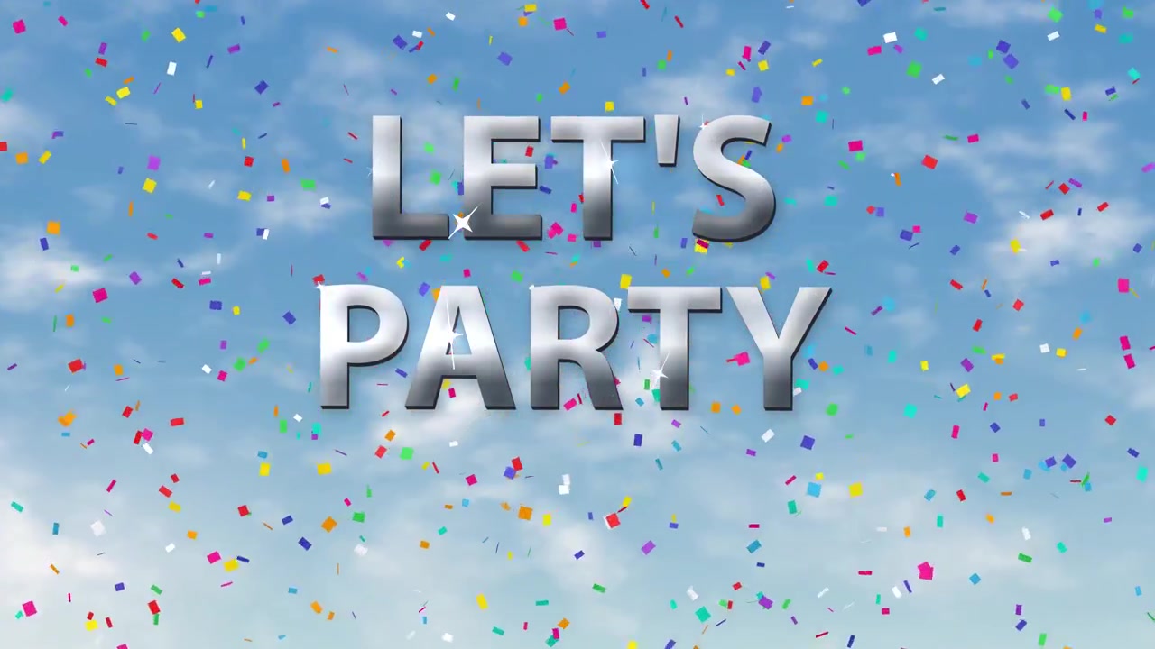 Kleurrijke confetti die valt tegen een blauwe luchtachtergrond met de tekst 'Let's Party'