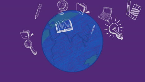 animación de iconos escolares sobre un globo azul y un fondo púrpura