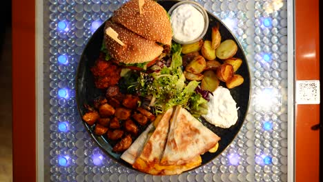 top down on vegetarian tasting dish for two in old town restaurant, czechia