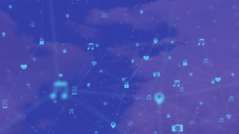 Animation-of-network-of-connections-with-icons-on-blue-background