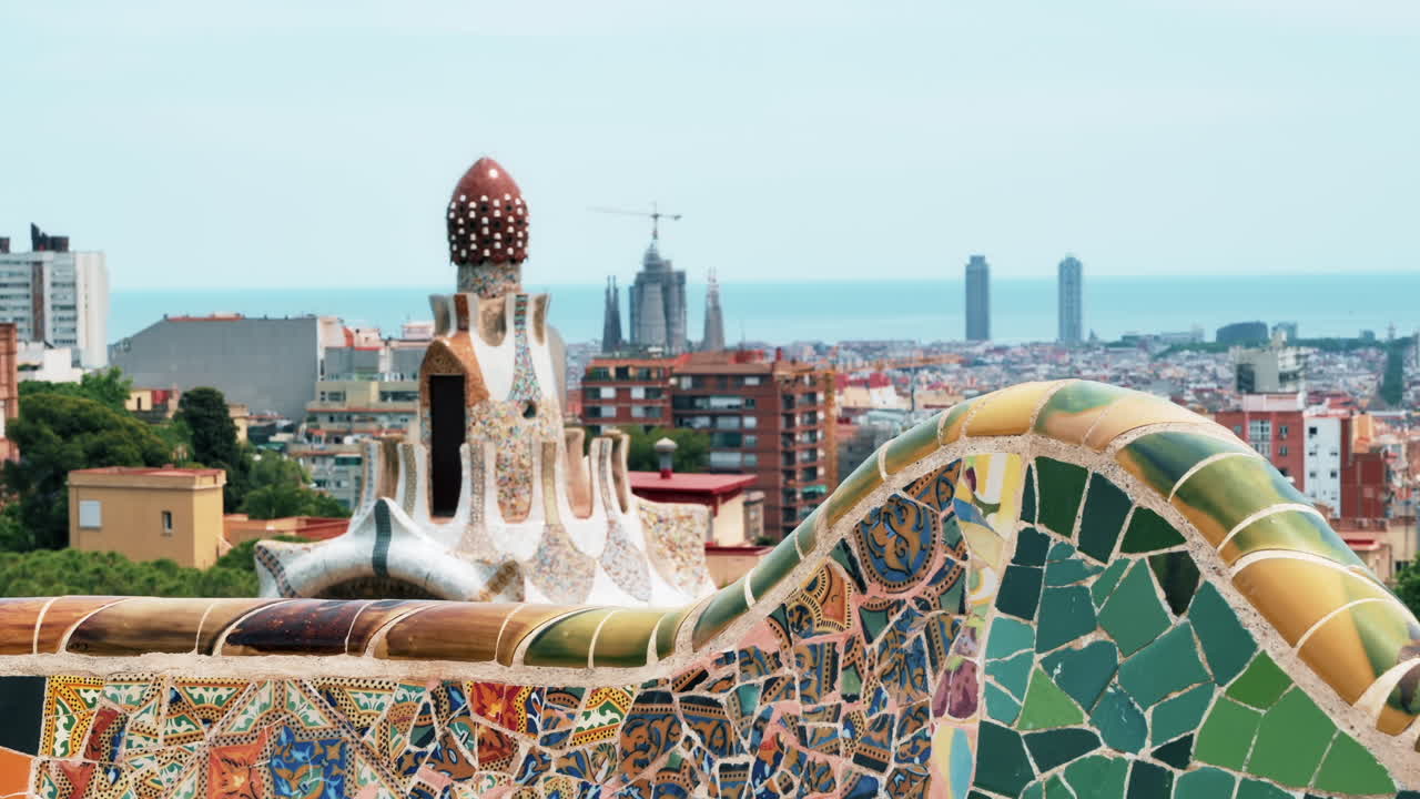 View of Barcelona, multiple building's roofs, view from the Parc Guell, Spain
