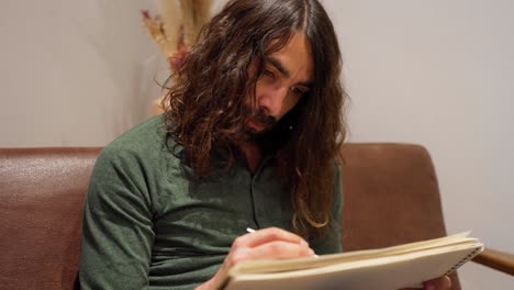 Close-up-of-ethnic-male-artist-with-long-hair-and-beard-in-green-shirt-sitting-on-brown-couch-while-drawing-on-sketch-pad