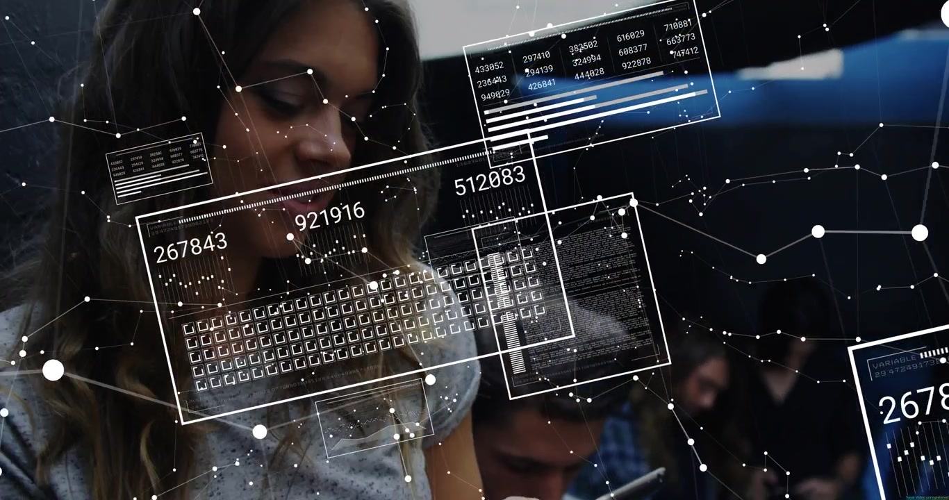 Young Woman Using Smartphone with Digital Data Overlay