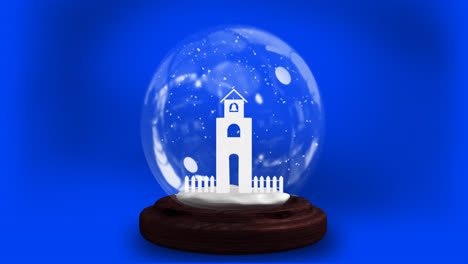 animation of snow globe over blue background