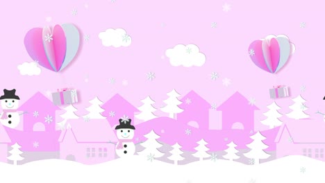 animation's loop, a gift box floating through a snowy village