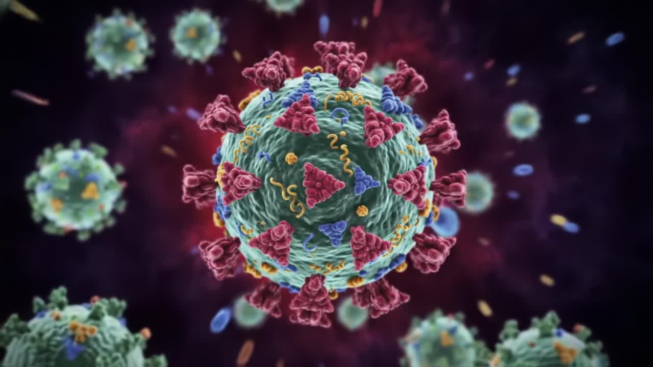 Detailed Visualization of a Virus Structure Highlighting Key Components Such as Proteins and Genetic Material in a Colorful Background, Representing Microbial Life and Its Complexity
