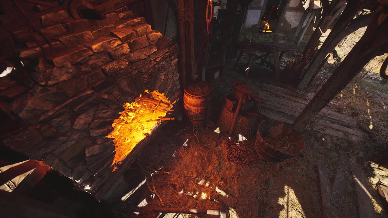 Old forge with glowing fire and tools in a rustic workshop