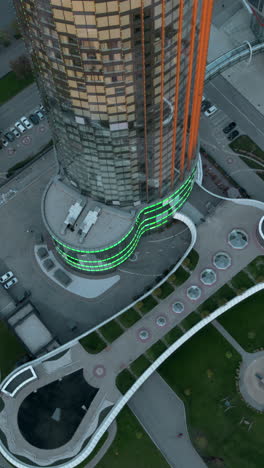 high-angle view of modern skyscraper with unique architectural features