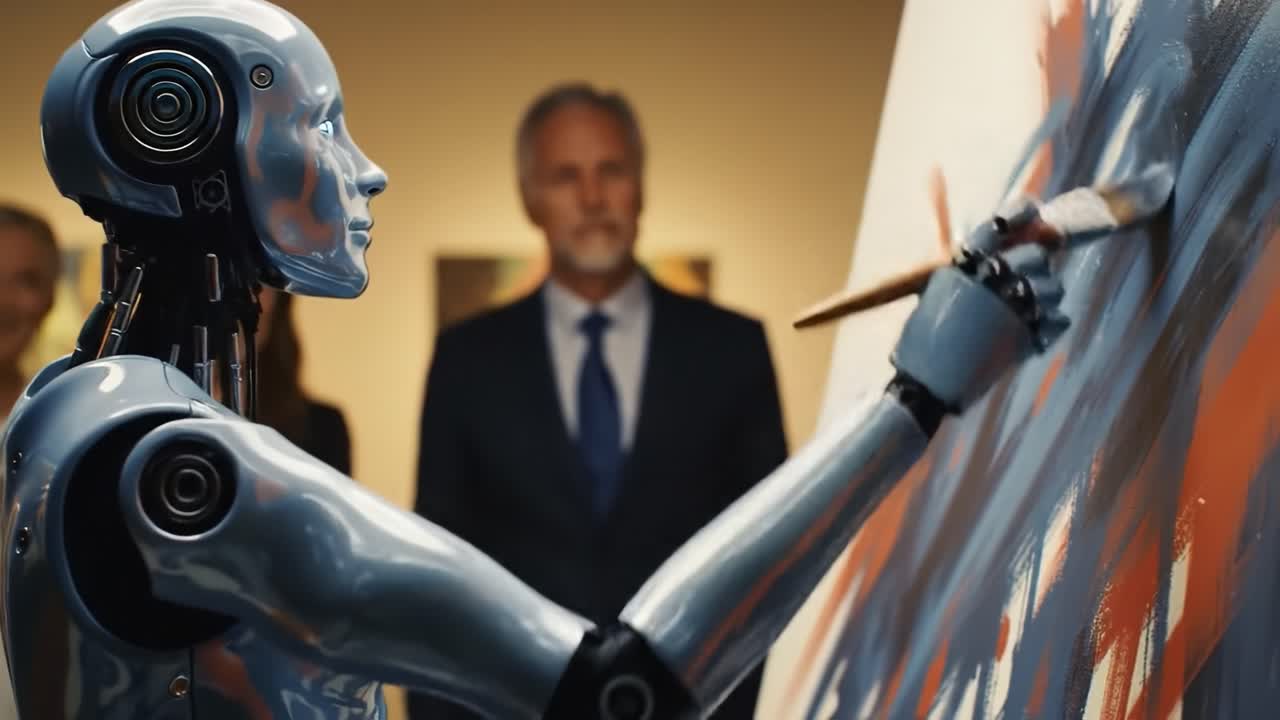 A humanoid robot paints an abstract canvas while an audience observes in an art gallery. The unique blend of technology and creativity captivates attendees.