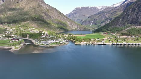 Stunning-Skjolden-in-Sogn-Norway---High-angle-panoramic-aerial-view