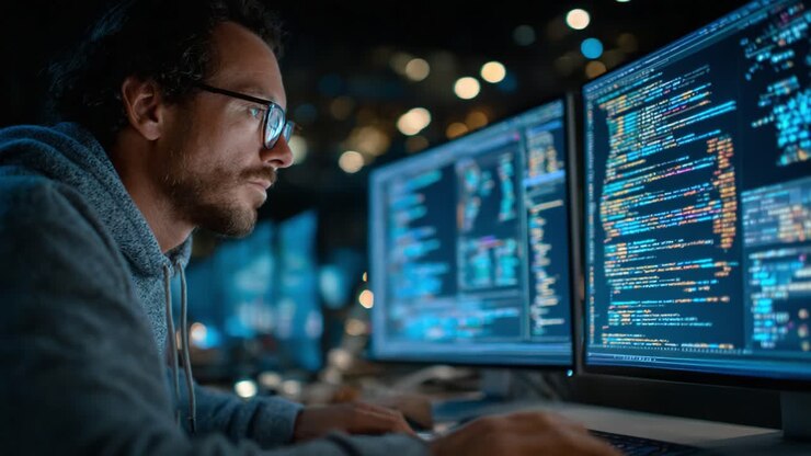 Focused Programmer Analyzing Complex Code on Multiple Monitors in a Dimly Lit Environment, Highlighting the Intensity and Detail of Software Development