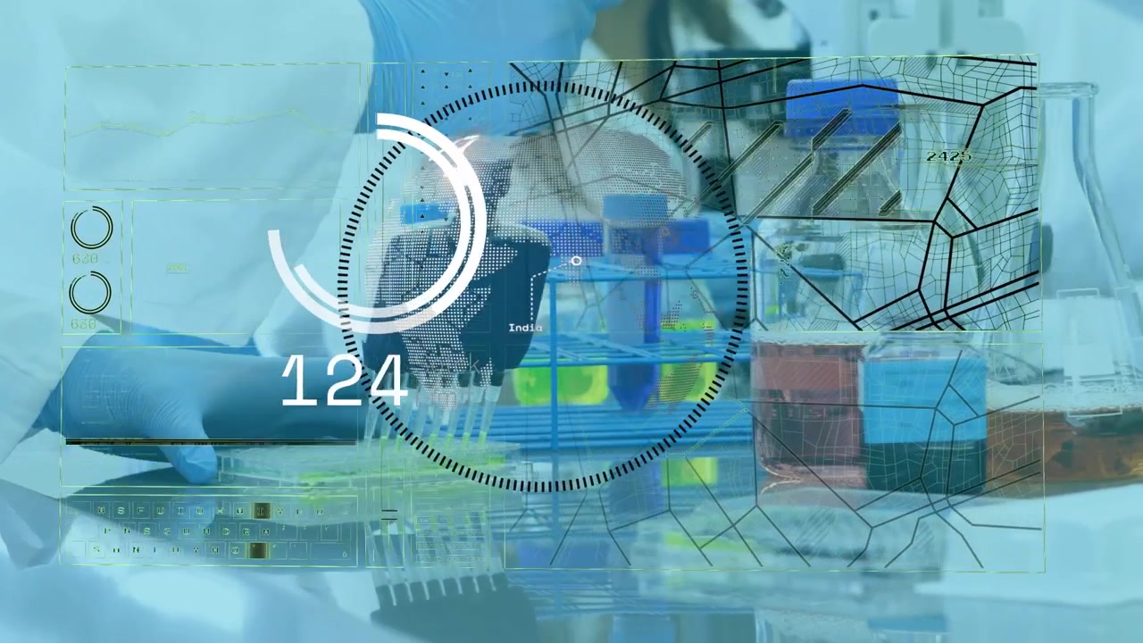 Videnskabsmand trykker på pipette-stempel og dispenserer reagens på plade i laboratorium med overlay af analysedata.