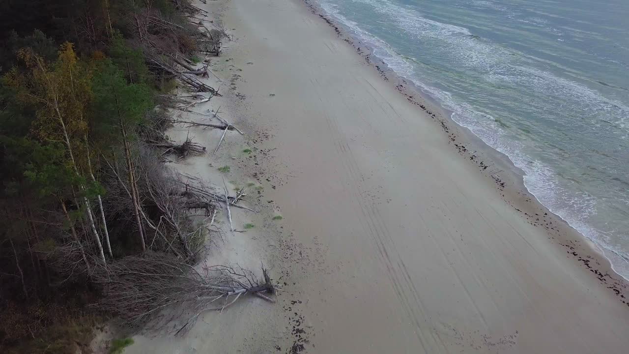 화창한 저녁, 일몰, 황금시간, 백사장이 있는 해변, 해안 침식, 기후 변화, 광각 드론이 뒤로 움직이는 발트해 연안의 아름다운 공중 전망