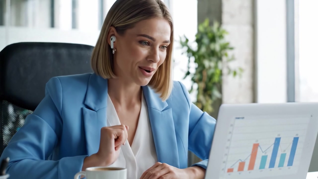 Een professionele vrouw neemt deel aan een virtuele vergadering, glimlachend terwijl ze groeigegevens analyseert op haar laptop, wat een productieve werkomgeving toont.