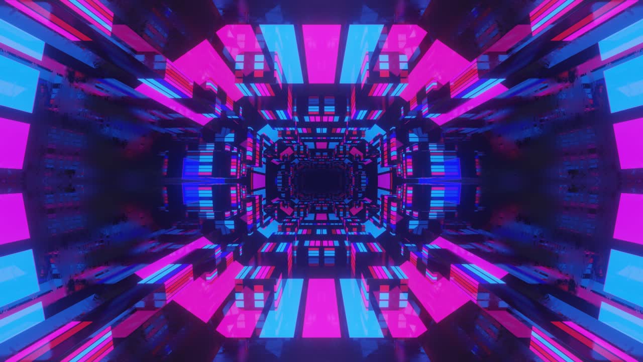 animación en bucle sin costuras de 4k. vuela a través de un túnel simétrico de espejo con patrón de neón, patrón de brillo de ciencia ficción. luz de neón de reflexión brillante. fondo brillante simple, estructura de ciencia ficción
