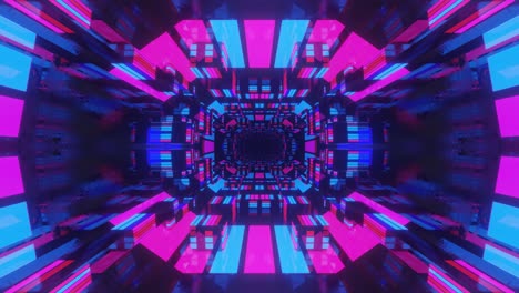 animación en bucle sin costuras de 4k. vuela a través de un túnel simétrico de espejo con patrón de neón, patrón de brillo de ciencia ficción. luz de neón de reflexión brillante. fondo brillante simple, estructura de ciencia ficción