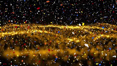 digital animation of confetti falling over golden digital waves on black background