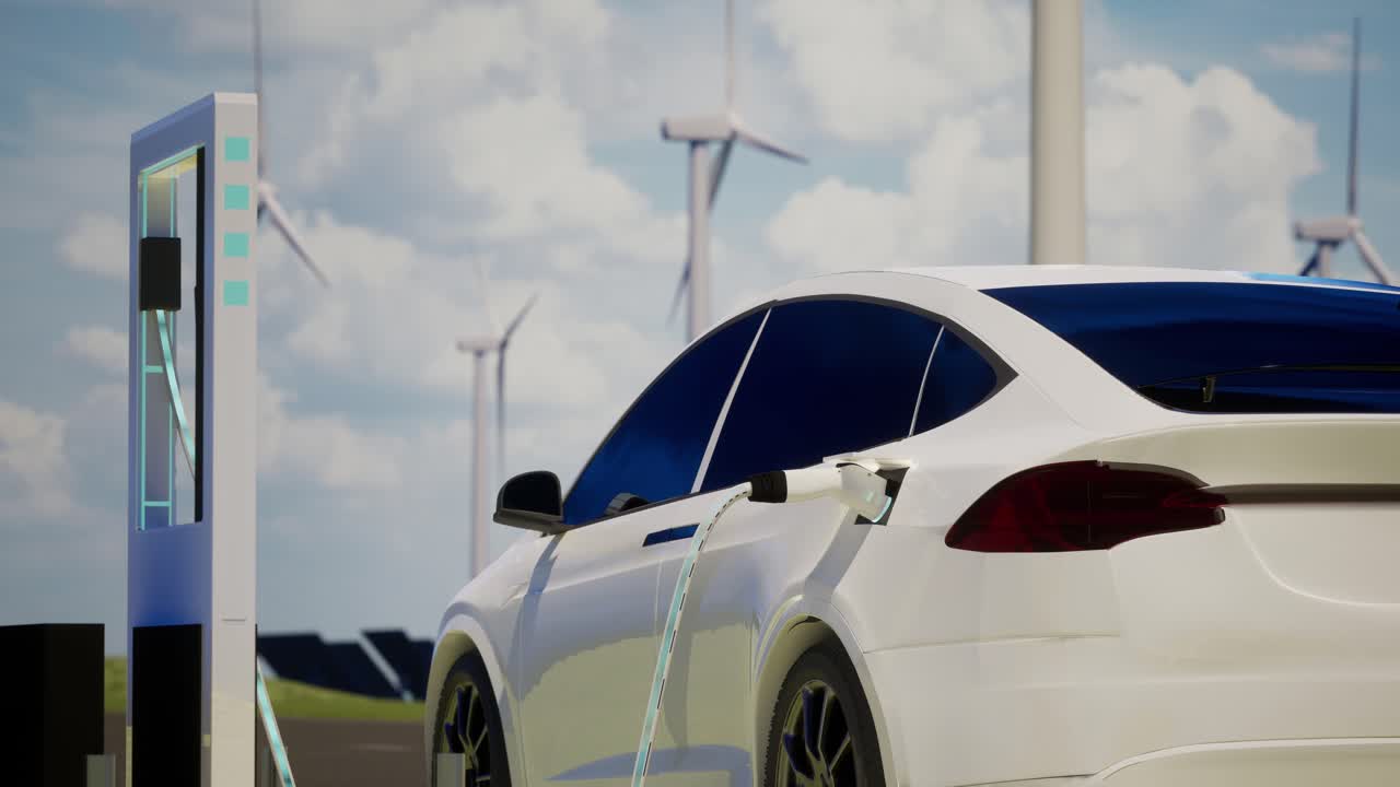 Environmentally Friendly Electric Car Charging On The Background Of Wind Turbines. Clear Blue Sky Background Of Ev Station With Port Plugged In Car, Realistic 3D Rendering, Alternative Energy Concept