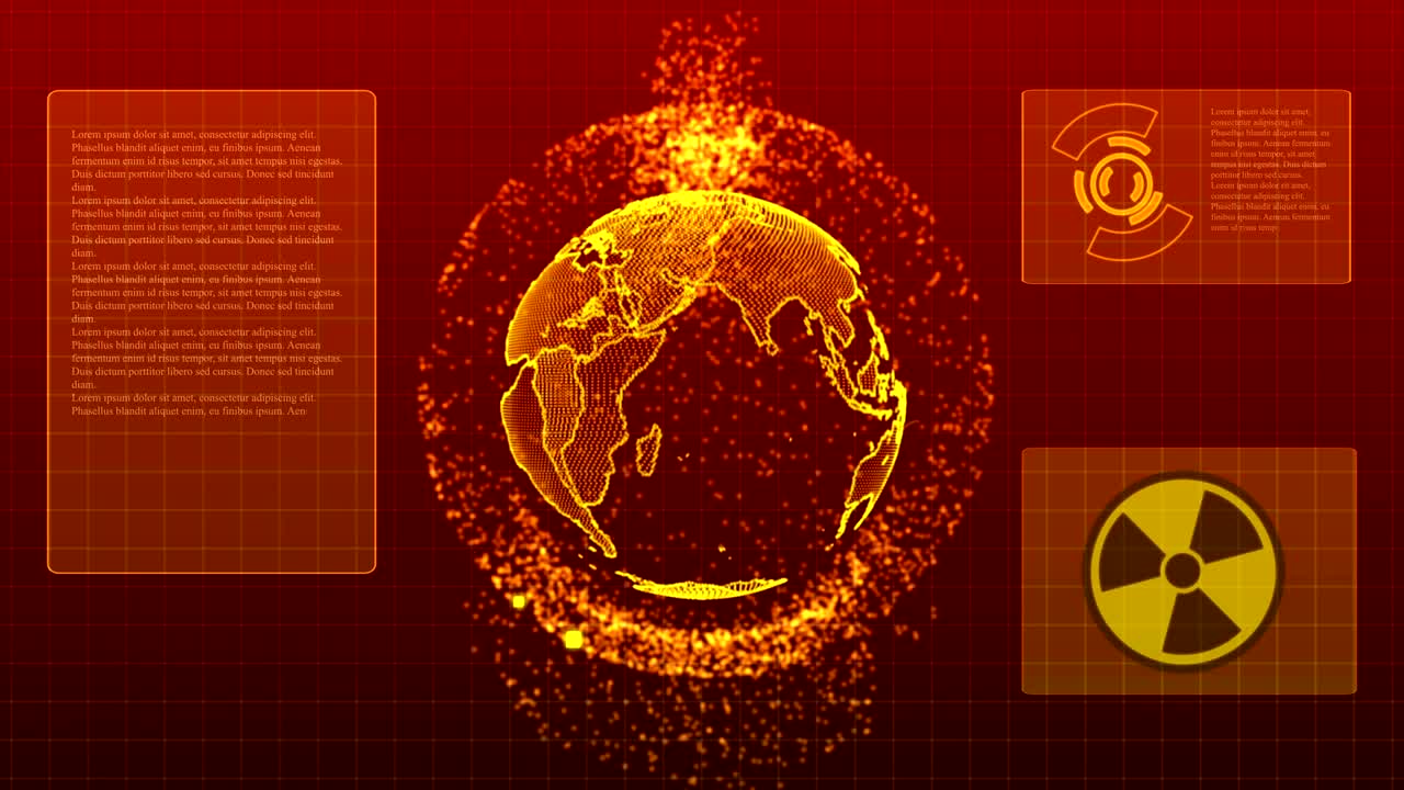 세계 디지털 및 방사선 경고 표시, 모션 그래픽 배경과 함께 홀로그램 빨간색 배경