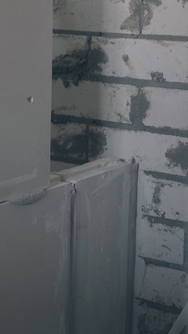 worker puts large grey gypsum plasterboard on big grey wall construction and beats with special hammer close view