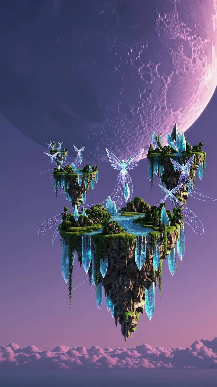 Concept di video fantasy di isole galleggianti con strutture di cristallo e figure eteree