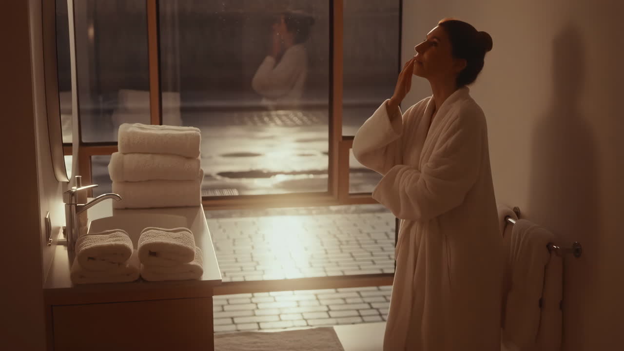 Woman in Bathrobe Performing Skincare Routine in Bathroom