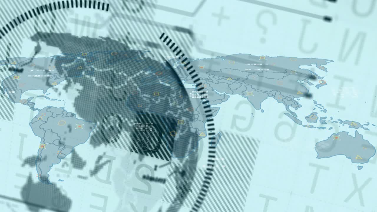 Dotted ring sweeping in from left starting globe moving, map labels sliding, showing timeline data