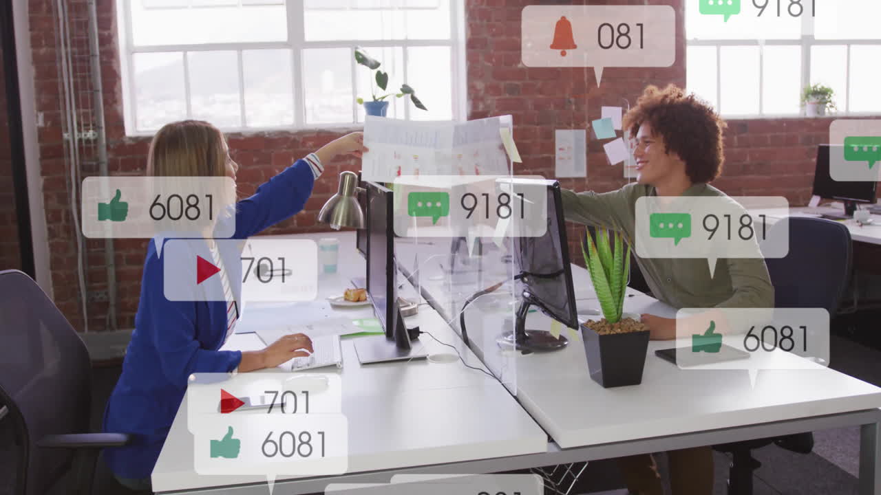 In office, colleagues exchanging documents with animation of social media notifications