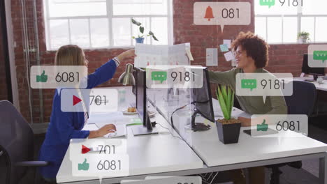 in office, colleagues exchanging documents with animation of social media notifications