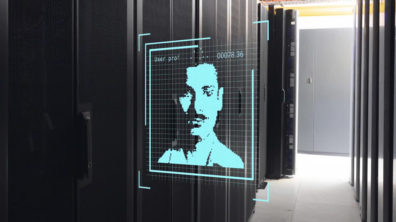 animación de varios iconos de perfiles contra una sala de servidores de computadora vacía