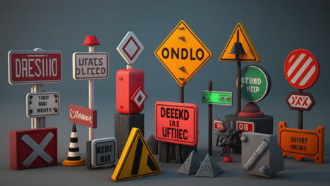 colorful road symbol signs and panels, traffic symbols for roadway use, miniature toys studio shot