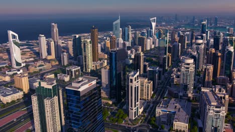 soft sunlight bathes a sprawling metropolis, casting long shadows across the dense network of buildings and streets, creating a captivating urban vista