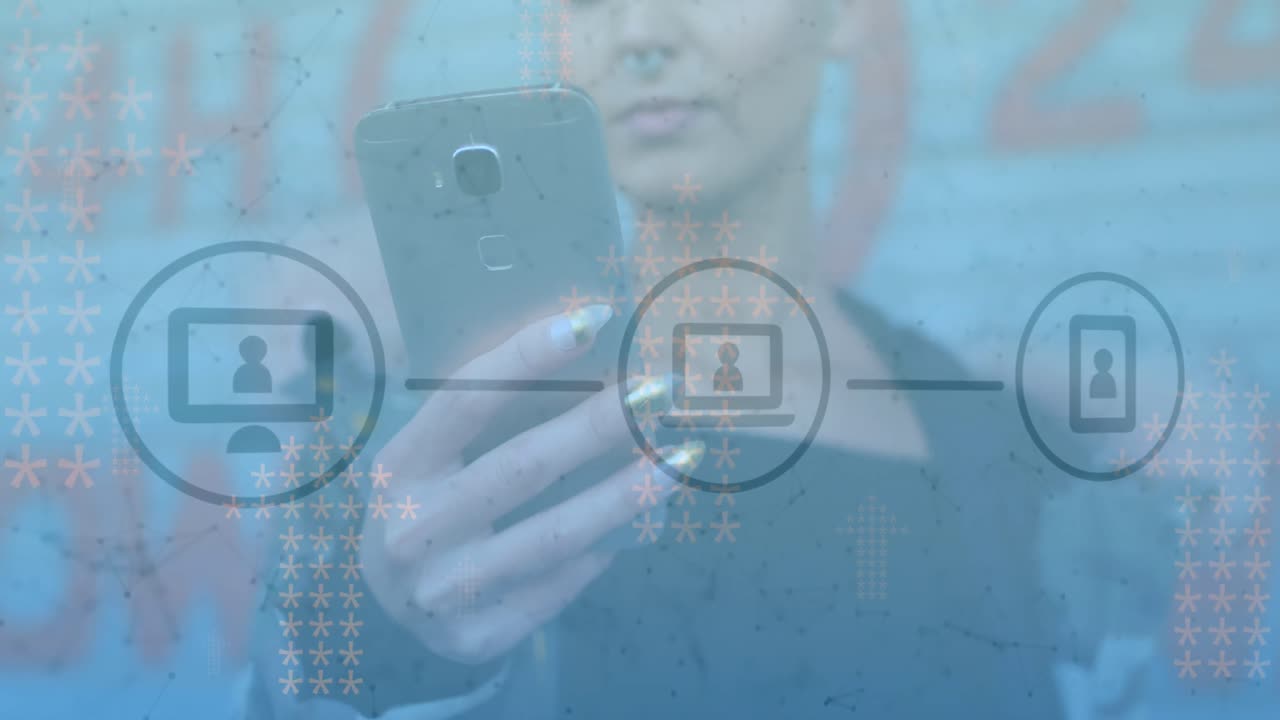 휴대전화를 사용하는 백인 짧은 머리카락의 여성에 대한 아이콘과 연결된 점의 플로우 차트의 애니메이션