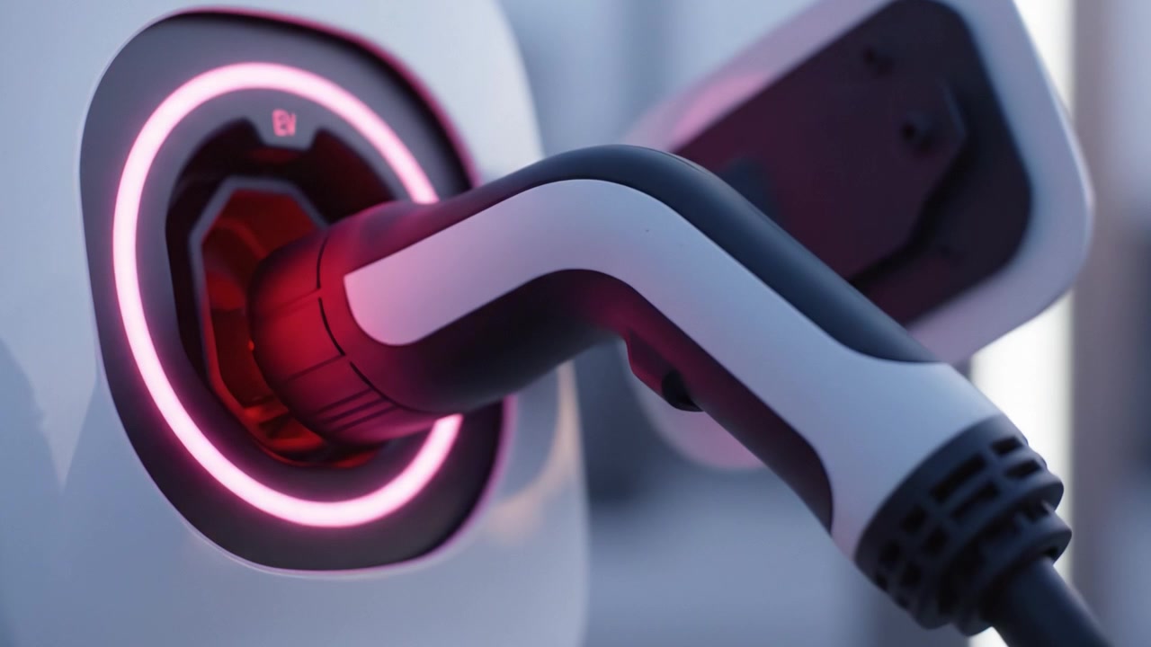 Close-Up of an Electric Vehicle Charging Port with Illuminated Indicators Showing Charging Status and Connection to Charger, Highlighting Modern EV Technology and Sustainability.