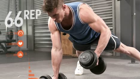 athlete performing push ups with dumbbell against the animated background