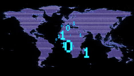 animation of binary coding data processing over world map