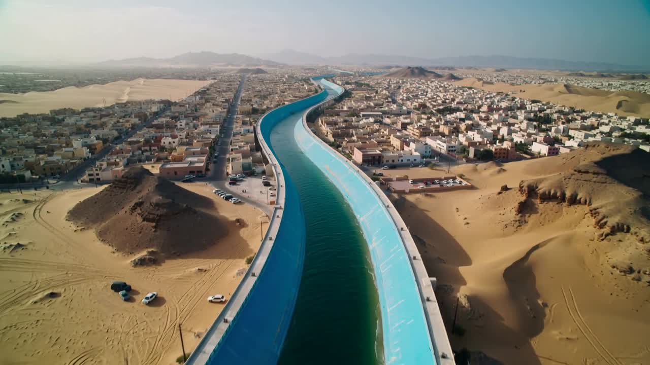 Drone che vola in avanti sopra un canale turchese con pareti blu, rivelando case e dune per la pianificazione.