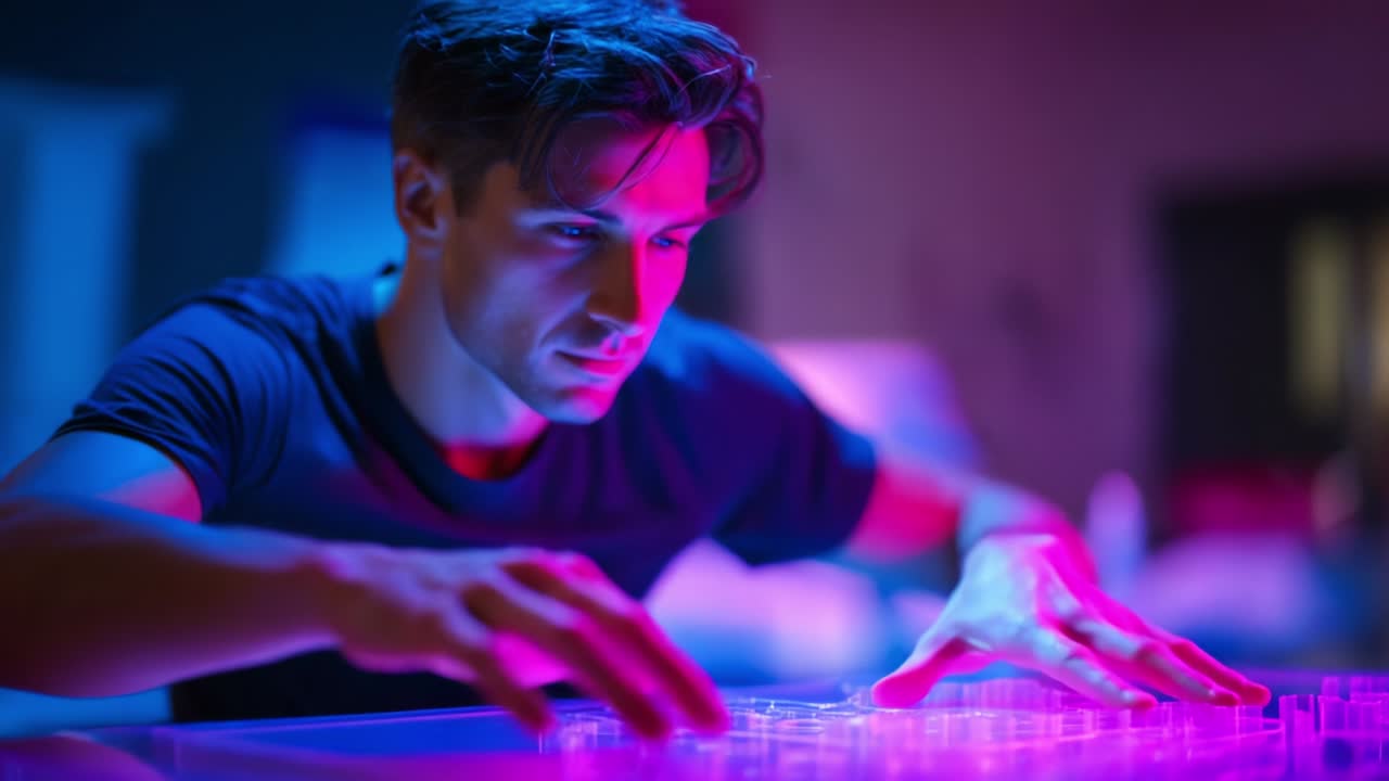 Soustředěný jedinec interaguje se zářícím interaktivním povrchem v tlumeně osvětleném prostoru, což ukazuje intenzivní soustředění a futuristickou estetiku s neonovým osvětlením a moderním designem