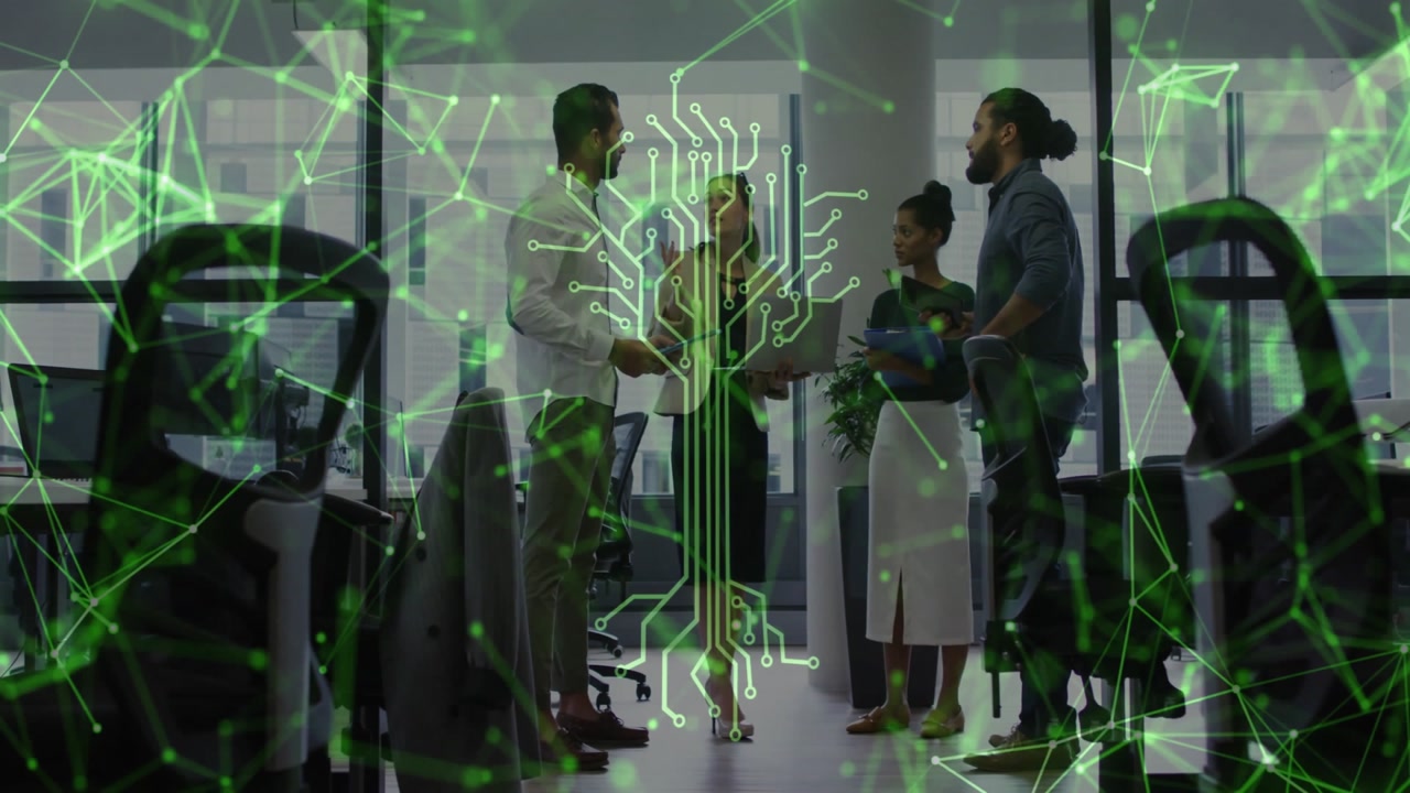 Team tapping tablet and activating green network with circuit tree icon pulsing for technology