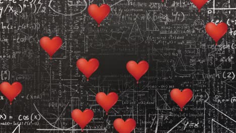 Animation-of-hearts-falling-over-mathematical-equations-on-chalkboard