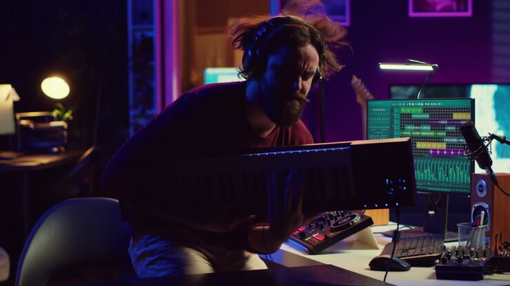 Energetic confident artist playing electronic piano in home studio