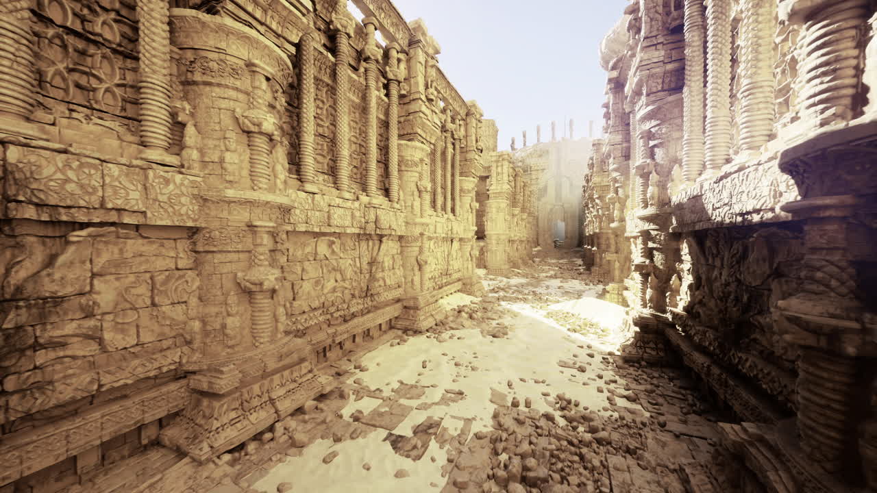 Ancient ruins reveal intricate carvings in a sunlit desert landscape