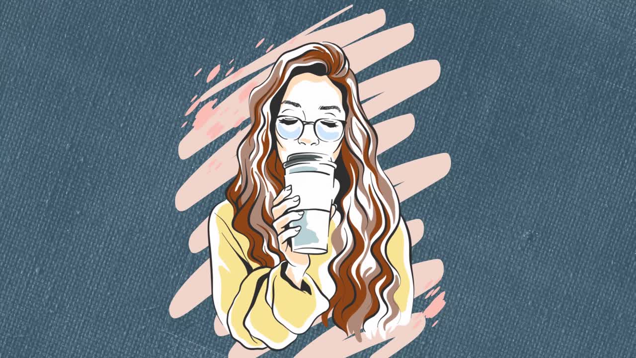 Animazione di una donna che beve caffè su uno scarabocchio rosa su sfondo blu testurizzato in movimento
