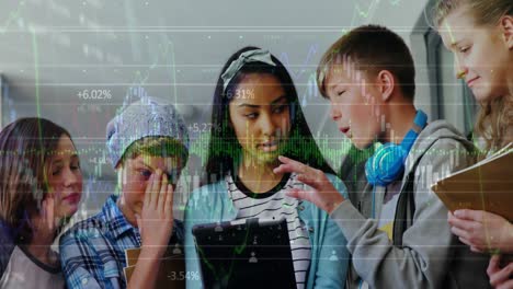 animación de la interfaz con gráficos, ondas de sonido, datos sobre estudiantes multirraciales que estudian en la tableta