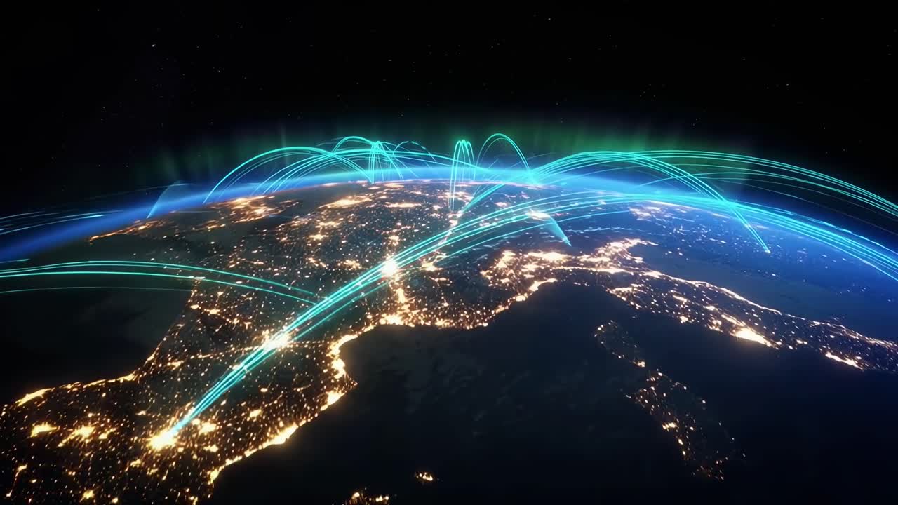 Aerial video view of Earth at night with glowing data streams, showcasing global connectivity